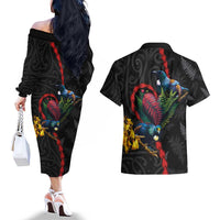 New Zealand Tui Birds Love Couple Couples Matching Off The Shoulder Long Sleeve Dress and Hawaiian Shirt The Heart of Silver Fern Leaves and Maori Tattoo Pattern LT03 - Polynesian Pride