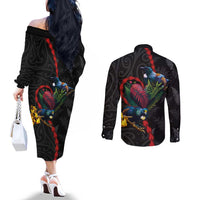 New Zealand Tui Birds Love Couple Couples Matching Off The Shoulder Long Sleeve Dress and Long Sleeve Button Shirt The Heart of Silver Fern Leaves and Maori Tattoo Pattern LT03 - Polynesian Pride