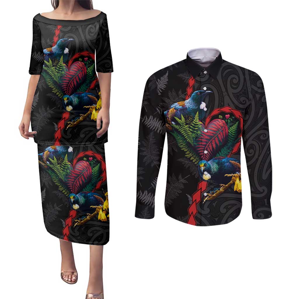 New Zealand Tui Birds Love Couple Couples Matching Puletasi and Long Sleeve Button Shirt The Heart of Silver Fern Leaves and Maori Tattoo Pattern LT03 Black - Polynesian Pride