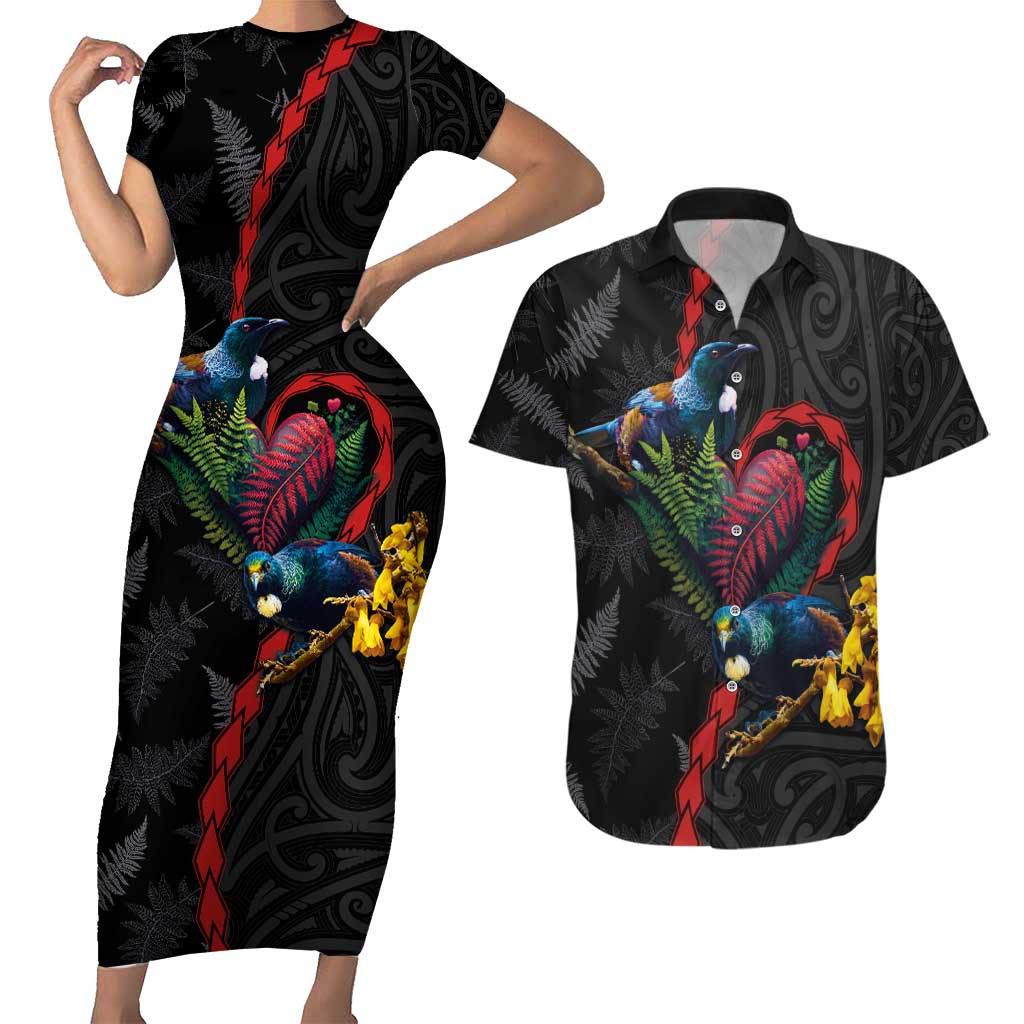 New Zealand Tui Birds Love Couple Couples Matching Short Sleeve Bodycon Dress and Hawaiian Shirt The Heart of Silver Fern Leaves and Maori Tattoo Pattern LT03 Black - Polynesian Pride