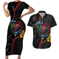New Zealand Tui Birds Love Couple Couples Matching Short Sleeve Bodycon Dress and Hawaiian Shirt The Heart of Silver Fern Leaves and Maori Tattoo Pattern LT03 Black - Polynesian Pride