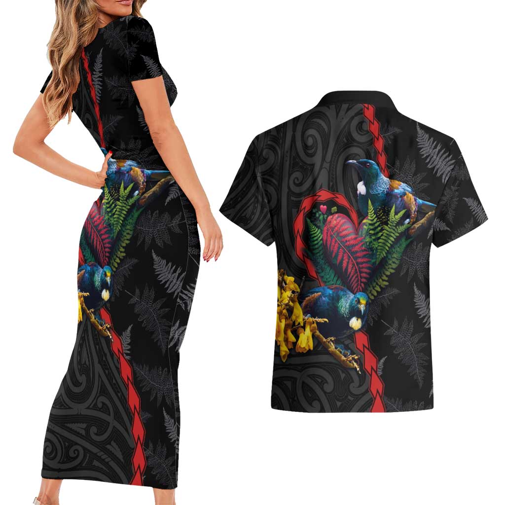 New Zealand Tui Birds Love Couple Couples Matching Short Sleeve Bodycon Dress and Hawaiian Shirt The Heart of Silver Fern Leaves and Maori Tattoo Pattern LT03 - Polynesian Pride
