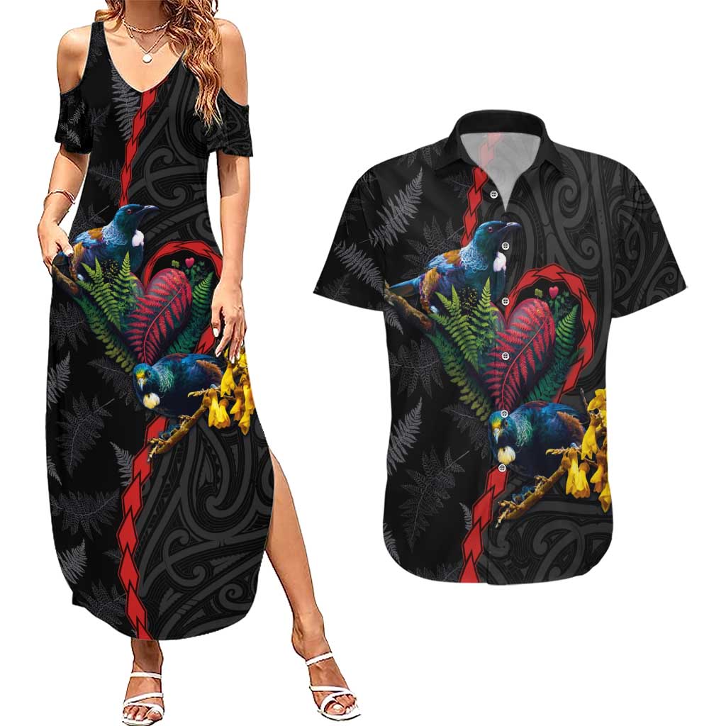 New Zealand Tui Birds Love Couple Couples Matching Summer Maxi Dress and Hawaiian Shirt The Heart of Silver Fern Leaves and Maori Tattoo Pattern LT03 Black - Polynesian Pride