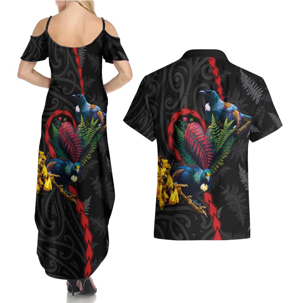 New Zealand Tui Birds Love Couple Couples Matching Summer Maxi Dress and Hawaiian Shirt The Heart of Silver Fern Leaves and Maori Tattoo Pattern LT03 - Polynesian Pride