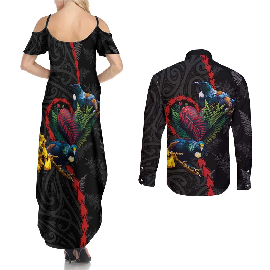 New Zealand Tui Birds Love Couple Couples Matching Summer Maxi Dress and Long Sleeve Button Shirt The Heart of Silver Fern Leaves and Maori Tattoo Pattern LT03 - Polynesian Pride