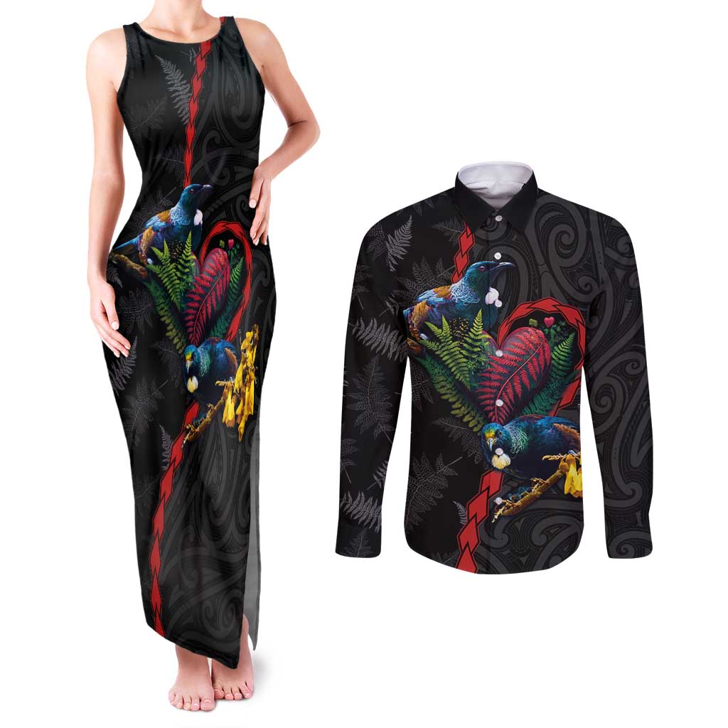 New Zealand Tui Birds Love Couple Couples Matching Tank Maxi Dress and Long Sleeve Button Shirt The Heart of Silver Fern Leaves and Maori Tattoo Pattern LT03 Black - Polynesian Pride