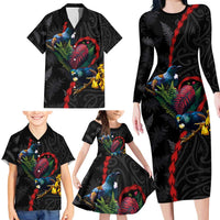 New Zealand Tui Birds Love Couple Family Matching Long Sleeve Bodycon Dress and Hawaiian Shirt The Heart of Silver Fern Leaves and Maori Tattoo Pattern LT03 - Polynesian Pride