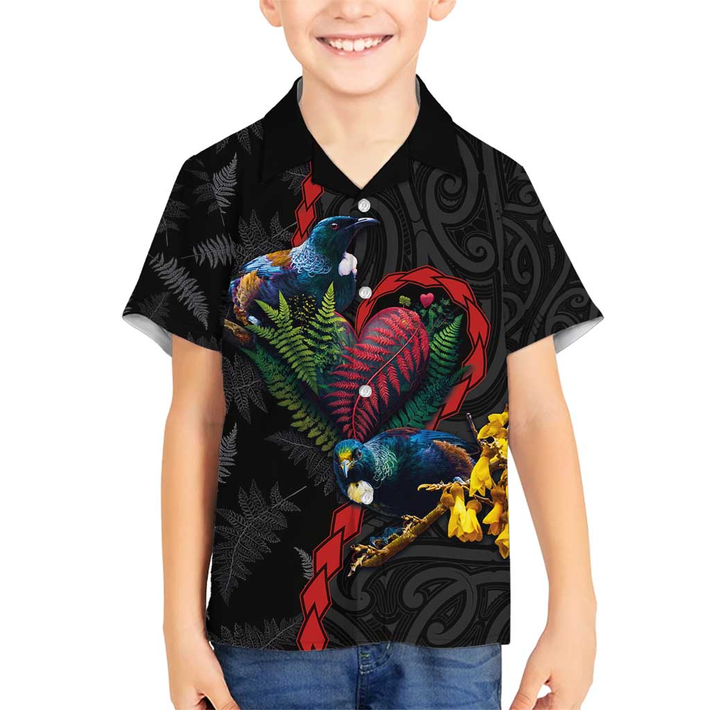 New Zealand Tui Birds Love Couple Family Matching Long Sleeve Bodycon Dress and Hawaiian Shirt The Heart of Silver Fern Leaves and Maori Tattoo Pattern LT03 Son's Shirt Black - Polynesian Pride