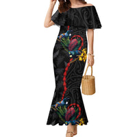 New Zealand Tui Birds Love Couple Family Matching Mermaid Dress and Hawaiian Shirt The Heart of Silver Fern Leaves and Maori Tattoo Pattern LT03 Mom's Dress Black - Polynesian Pride