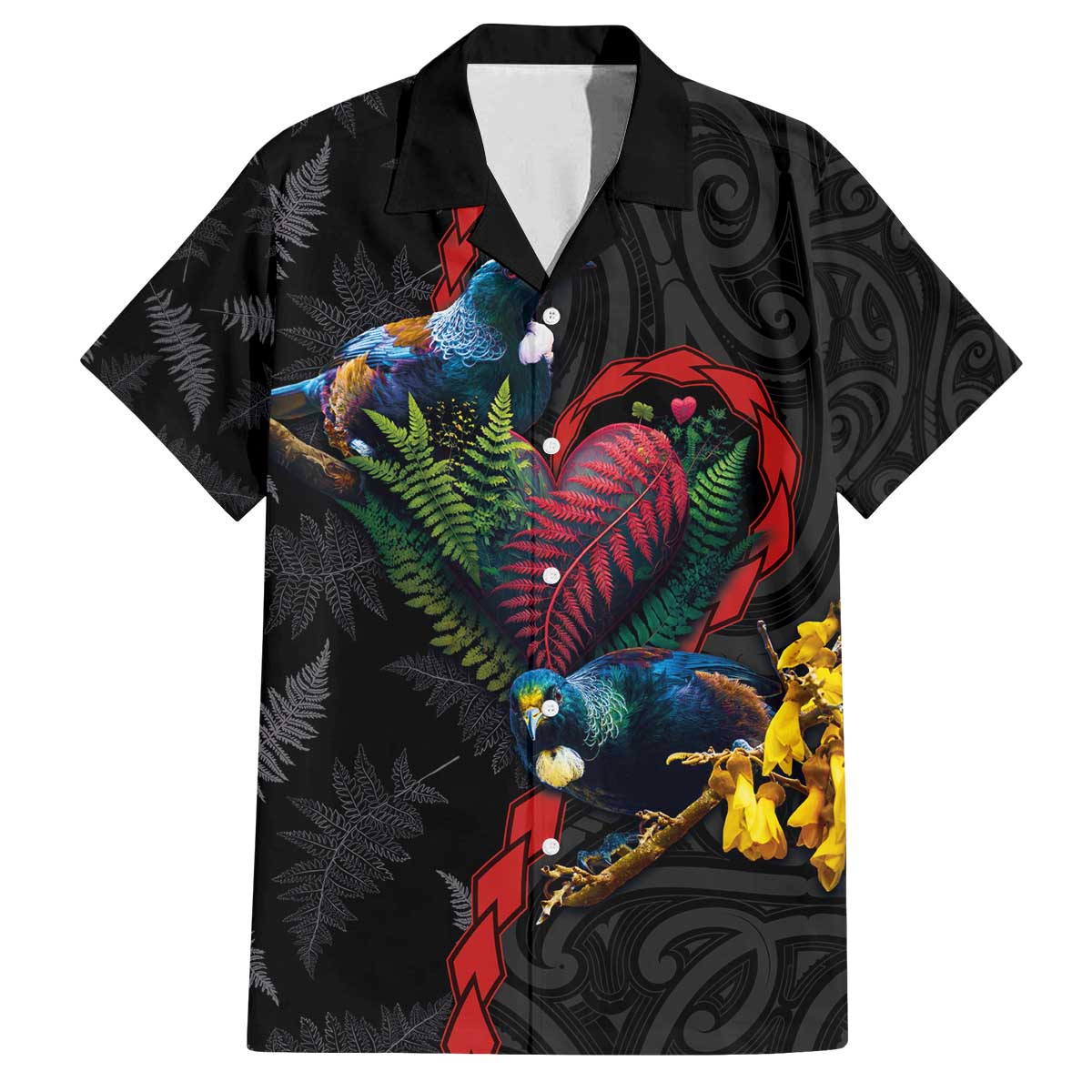New Zealand Tui Birds Love Couple Family Matching Off The Shoulder Long Sleeve Dress and Hawaiian Shirt The Heart of Silver Fern Leaves and Maori Tattoo Pattern LT03 Dad's Shirt - Short Sleeve Black - Polynesian Pride