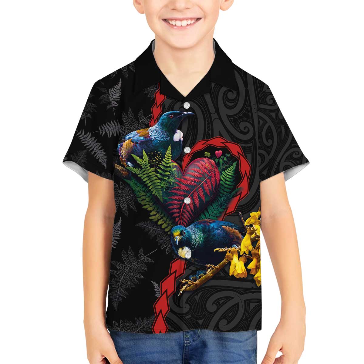 New Zealand Tui Birds Love Couple Family Matching Off The Shoulder Long Sleeve Dress and Hawaiian Shirt The Heart of Silver Fern Leaves and Maori Tattoo Pattern LT03 Son's Shirt Black - Polynesian Pride