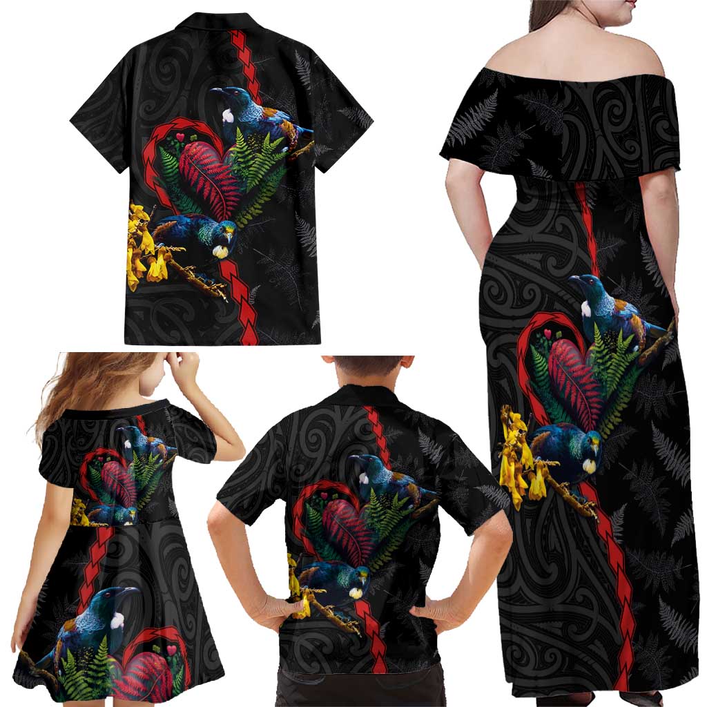 New Zealand Tui Birds Love Couple Family Matching Off Shoulder Maxi Dress and Hawaiian Shirt The Heart of Silver Fern Leaves and Maori Tattoo Pattern LT03 - Polynesian Pride