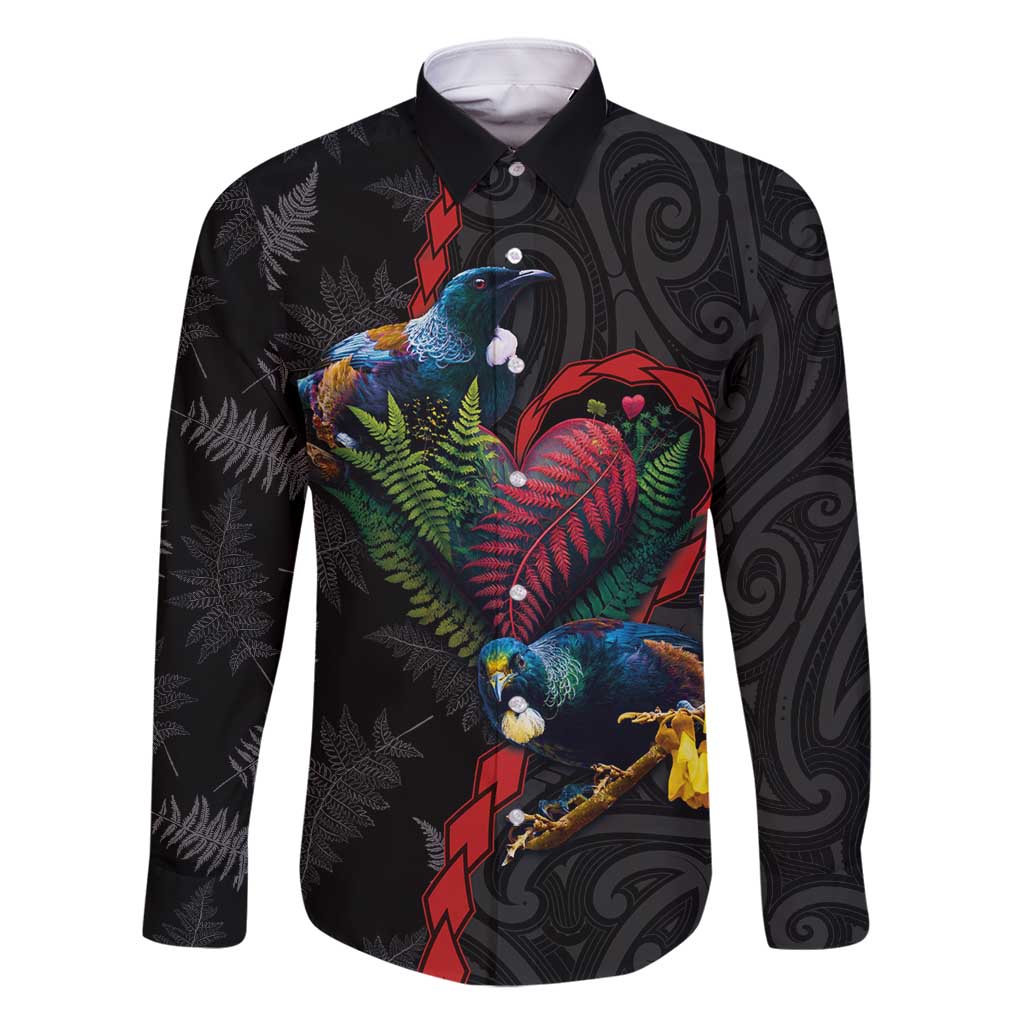 New Zealand Tui Birds Love Couple Family Matching Off Shoulder Maxi Dress and Hawaiian Shirt The Heart of Silver Fern Leaves and Maori Tattoo Pattern LT03 Dad's Shirt - Long Sleeve Black - Polynesian Pride