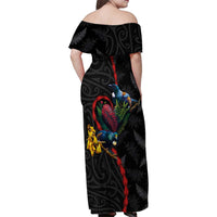 New Zealand Tui Birds Love Couple Family Matching Off Shoulder Maxi Dress and Hawaiian Shirt The Heart of Silver Fern Leaves and Maori Tattoo Pattern LT03 - Polynesian Pride