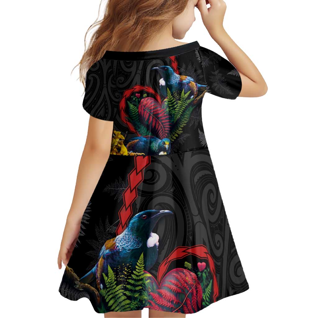 New Zealand Tui Birds Love Couple Family Matching Off Shoulder Short Dress and Hawaiian Shirt The Heart of Silver Fern Leaves and Maori Tattoo Pattern LT03 - Polynesian Pride