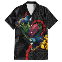 New Zealand Tui Birds Love Couple Family Matching Puletasi and Hawaiian Shirt The Heart of Silver Fern Leaves and Maori Tattoo Pattern LT03 Dad's Shirt - Short Sleeve Black - Polynesian Pride