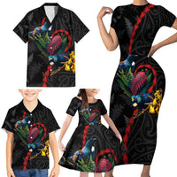 New Zealand Tui Birds Love Couple Family Matching Short Sleeve Bodycon Dress and Hawaiian Shirt The Heart of Silver Fern Leaves and Maori Tattoo Pattern LT03 - Polynesian Pride