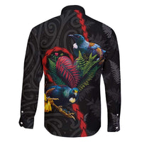 New Zealand Tui Birds Love Couple Family Matching Short Sleeve Bodycon Dress and Hawaiian Shirt The Heart of Silver Fern Leaves and Maori Tattoo Pattern LT03 - Polynesian Pride