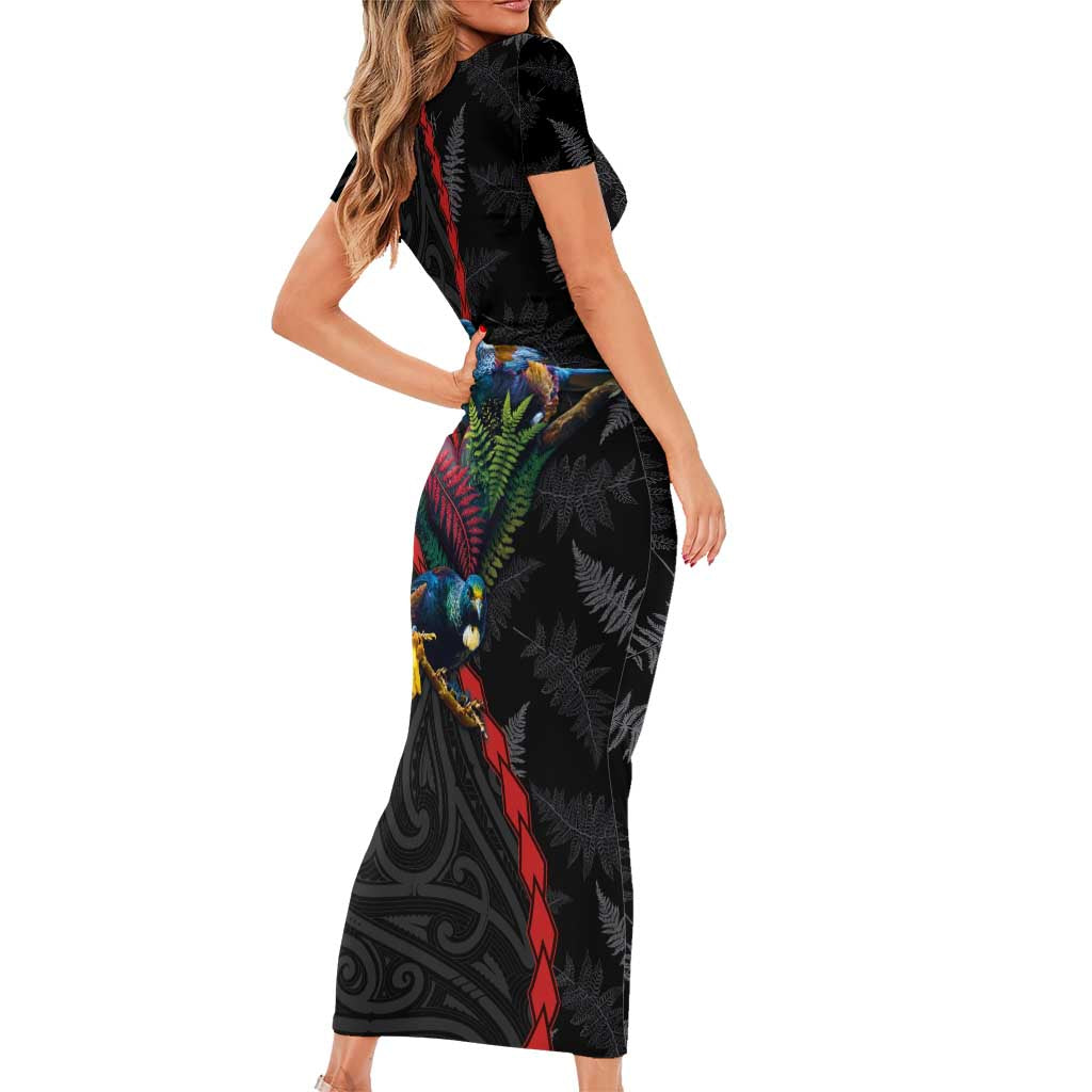 New Zealand Tui Birds Love Couple Family Matching Short Sleeve Bodycon Dress and Hawaiian Shirt The Heart of Silver Fern Leaves and Maori Tattoo Pattern LT03 - Polynesian Pride