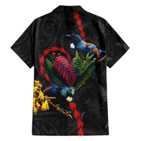 New Zealand Tui Birds Love Couple Family Matching Summer Maxi Dress and Hawaiian Shirt The Heart of Silver Fern Leaves and Maori Tattoo Pattern LT03 - Polynesian Pride