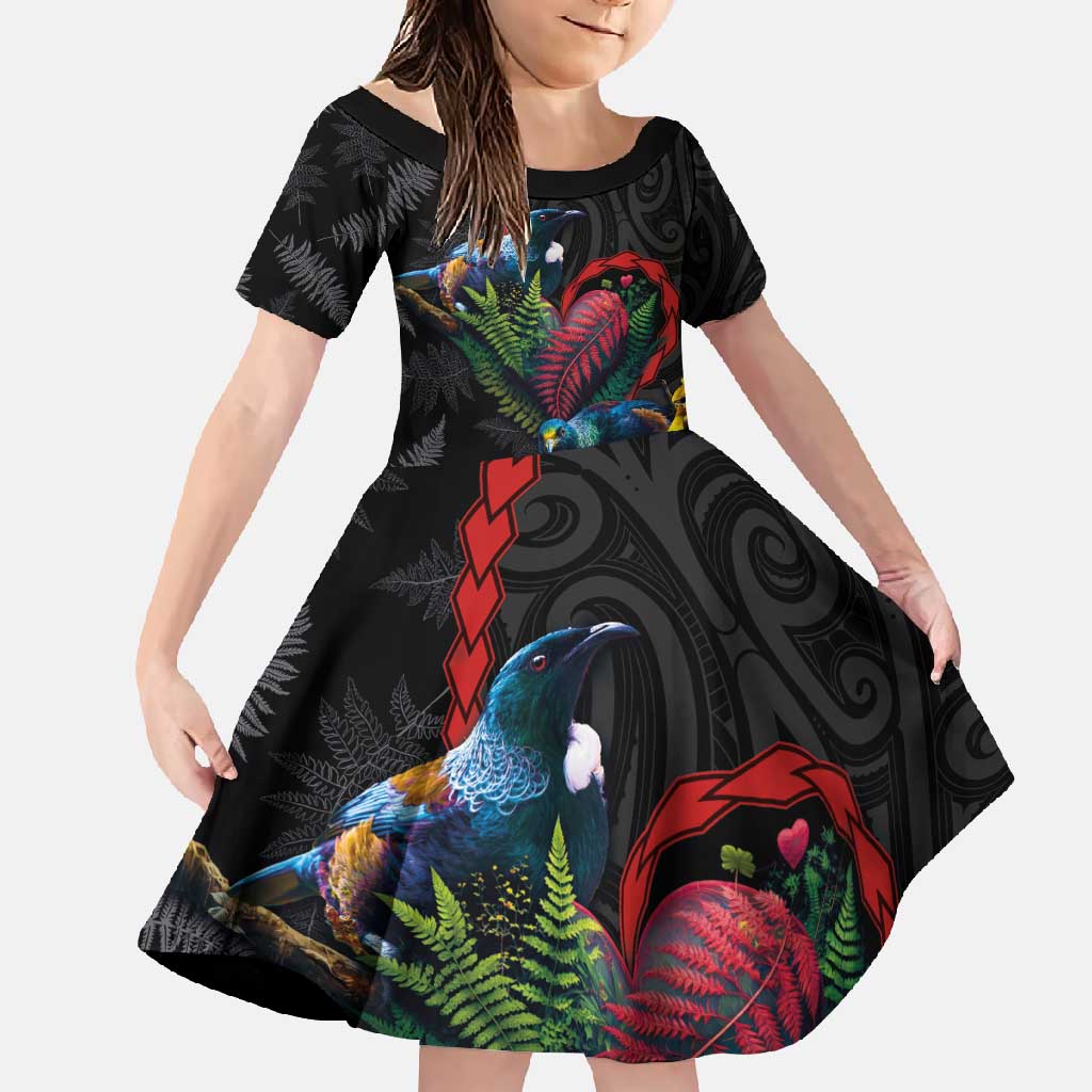 New Zealand Tui Birds Love Couple Family Matching Tank Maxi Dress and Hawaiian Shirt The Heart of Silver Fern Leaves and Maori Tattoo Pattern LT03 Daughter's Dress Black - Polynesian Pride