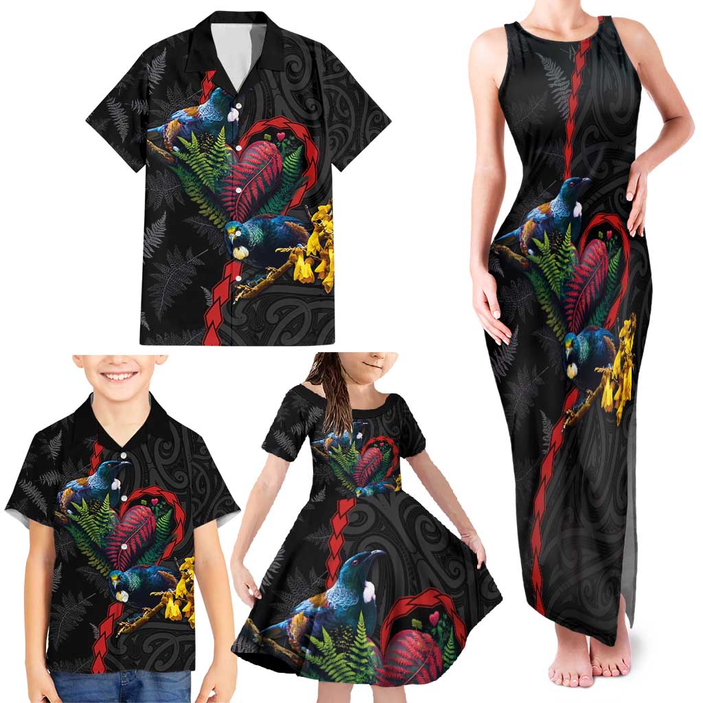 New Zealand Tui Birds Love Couple Family Matching Tank Maxi Dress and Hawaiian Shirt The Heart of Silver Fern Leaves and Maori Tattoo Pattern LT03 - Polynesian Pride