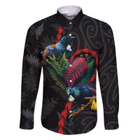 New Zealand Tui Birds Love Couple Family Matching Tank Maxi Dress and Hawaiian Shirt The Heart of Silver Fern Leaves and Maori Tattoo Pattern LT03 Dad's Shirt - Long Sleeve Black - Polynesian Pride