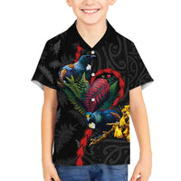 New Zealand Tui Birds Love Couple Family Matching Tank Maxi Dress and Hawaiian Shirt The Heart of Silver Fern Leaves and Maori Tattoo Pattern LT03 Son's Shirt Black - Polynesian Pride