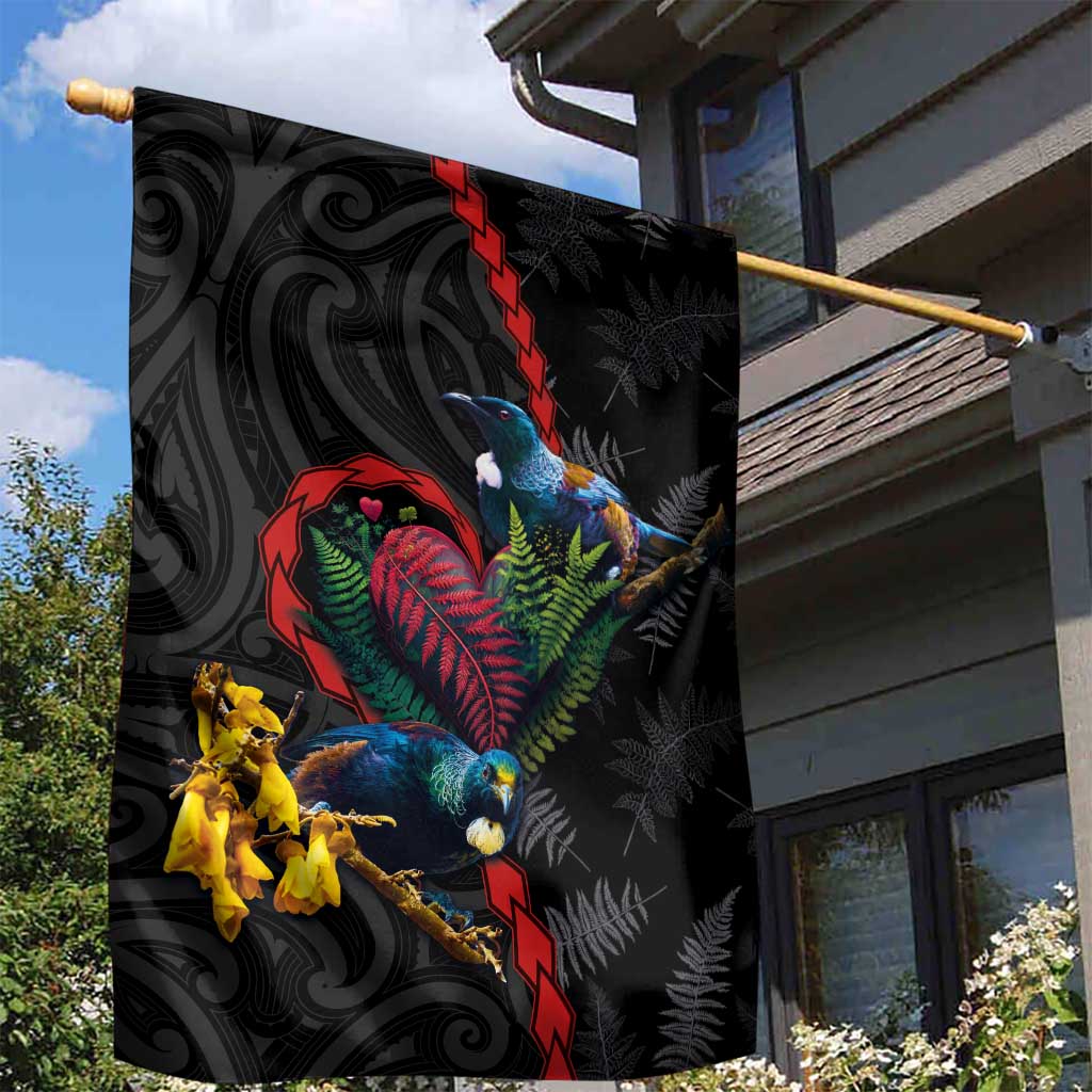 New Zealand Tui Birds Love Couple Garden Flag The Heart of Silver Fern Leaves and Maori Tattoo Pattern LT03 - Polynesian Pride