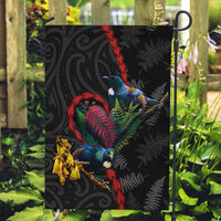 New Zealand Tui Birds Love Couple Garden Flag The Heart of Silver Fern Leaves and Maori Tattoo Pattern LT03 Garden Flag Black - Polynesian Pride
