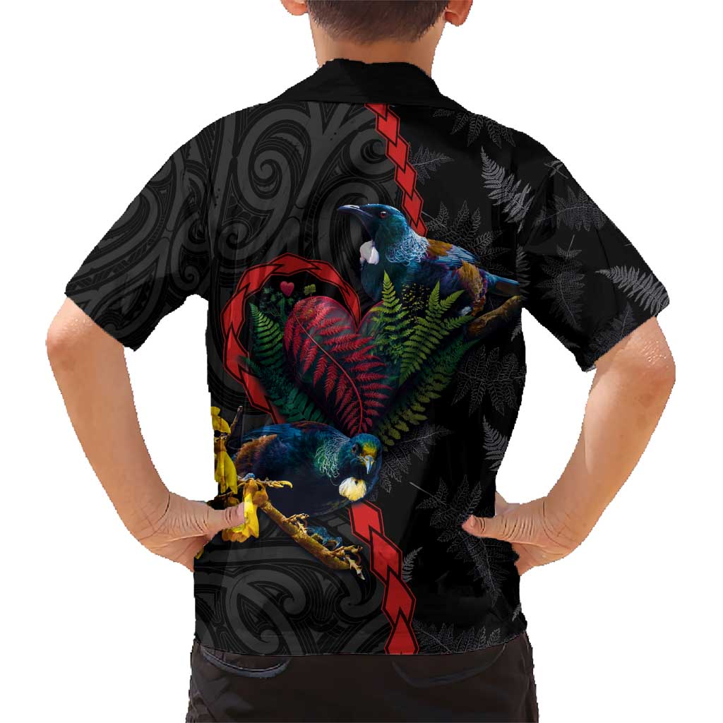 New Zealand Tui Birds Love Couple Hawaiian Shirt The Heart of Silver Fern Leaves and Maori Tattoo Pattern LT03 - Polynesian Pride