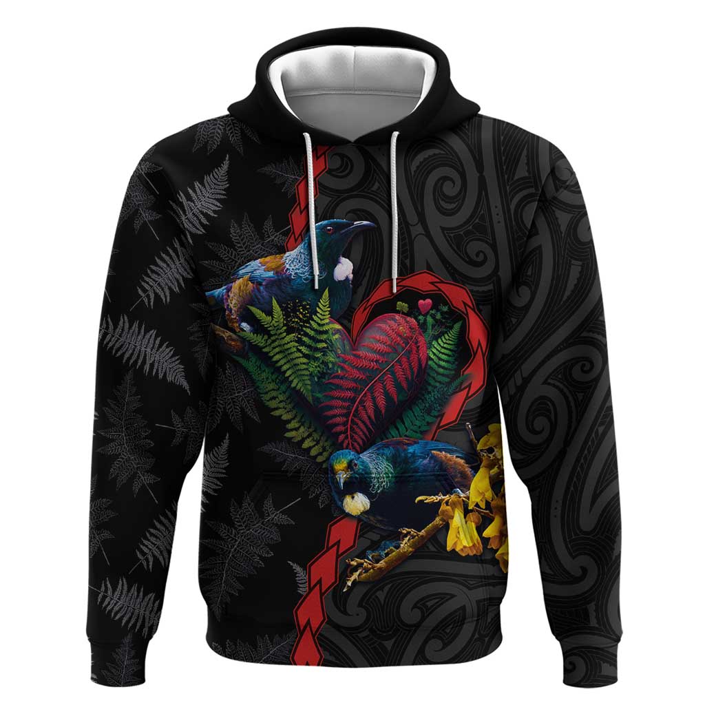 New Zealand Tui Birds Love Couple Hoodie The Heart of Silver Fern Leaves and Maori Tattoo Pattern LT03 Pullover Hoodie Black - Polynesian Pride