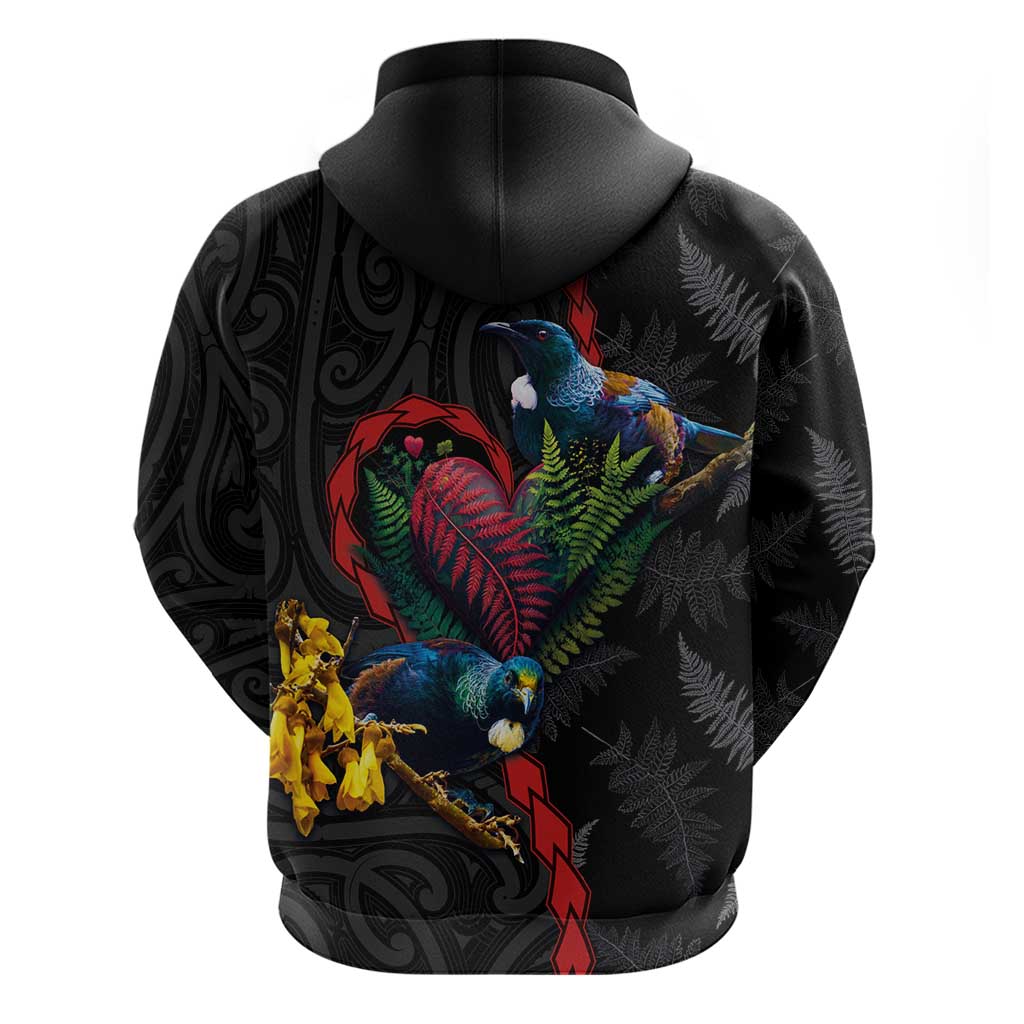 New Zealand Tui Birds Love Couple Hoodie The Heart of Silver Fern Leaves and Maori Tattoo Pattern LT03 - Polynesian Pride