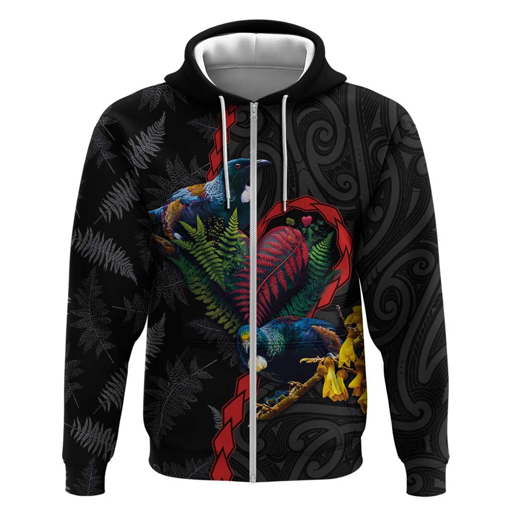 New Zealand Tui Birds Love Couple Hoodie The Heart of Silver Fern Leaves and Maori Tattoo Pattern LT03 Zip Hoodie Black - Polynesian Pride