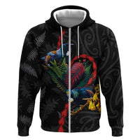 New Zealand Tui Birds Love Couple Hoodie The Heart of Silver Fern Leaves and Maori Tattoo Pattern LT03 Zip Hoodie Black - Polynesian Pride