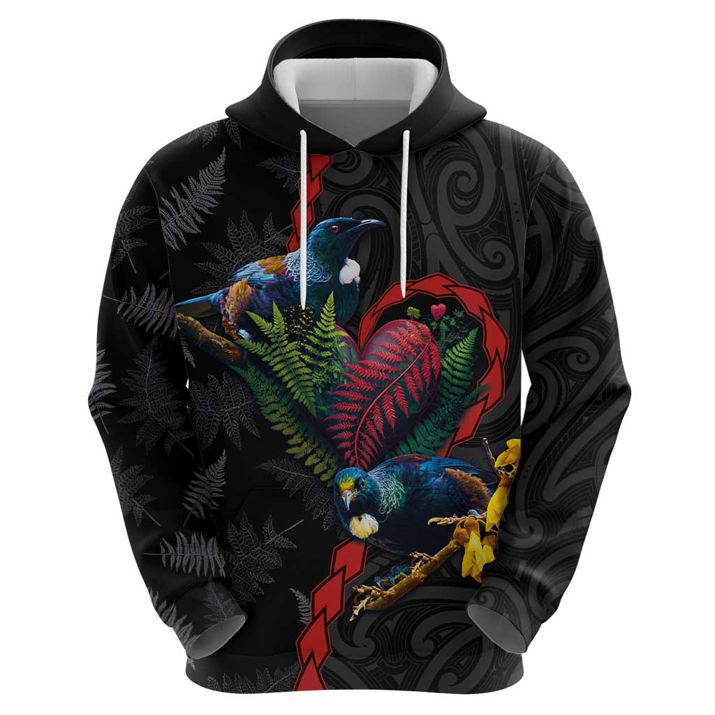 New Zealand Tui Birds Love Couple Hoodie The Heart of Silver Fern Leaves and Maori Tattoo Pattern LT03 - Polynesian Pride