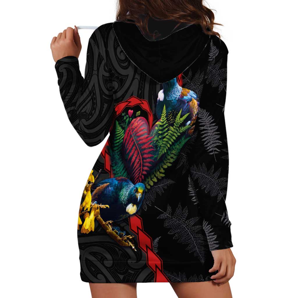 New Zealand Tui Birds Love Couple Hoodie Dress The Heart of Silver Fern Leaves and Maori Tattoo Pattern LT03 - Polynesian Pride