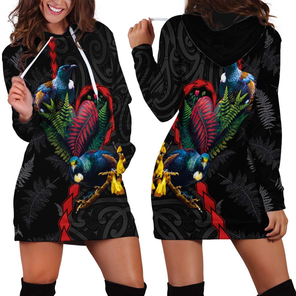 New Zealand Tui Birds Love Couple Hoodie Dress The Heart of Silver Fern Leaves and Maori Tattoo Pattern LT03 - Polynesian Pride