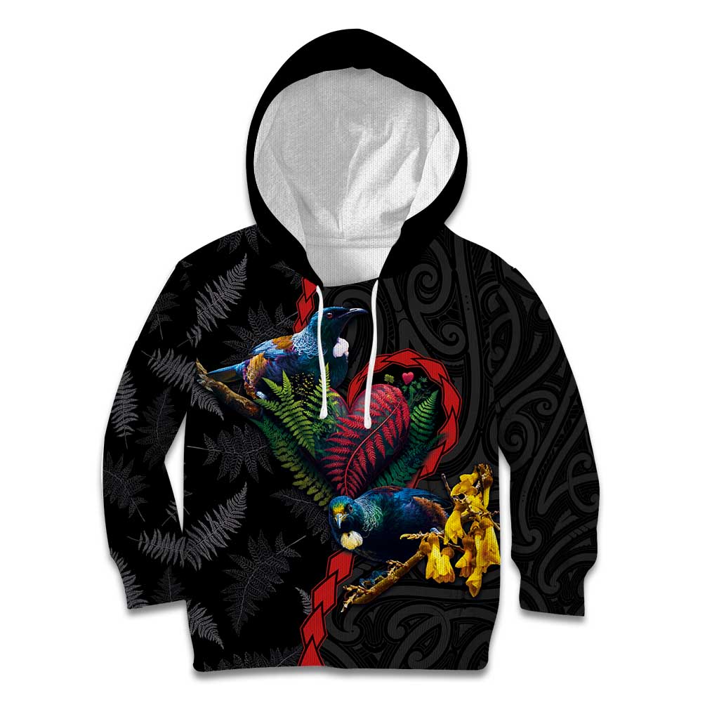 New Zealand Tui Birds Love Couple Kid Hoodie The Heart of Silver Fern Leaves and Maori Tattoo Pattern LT03 Hoodie Black - Polynesian Pride