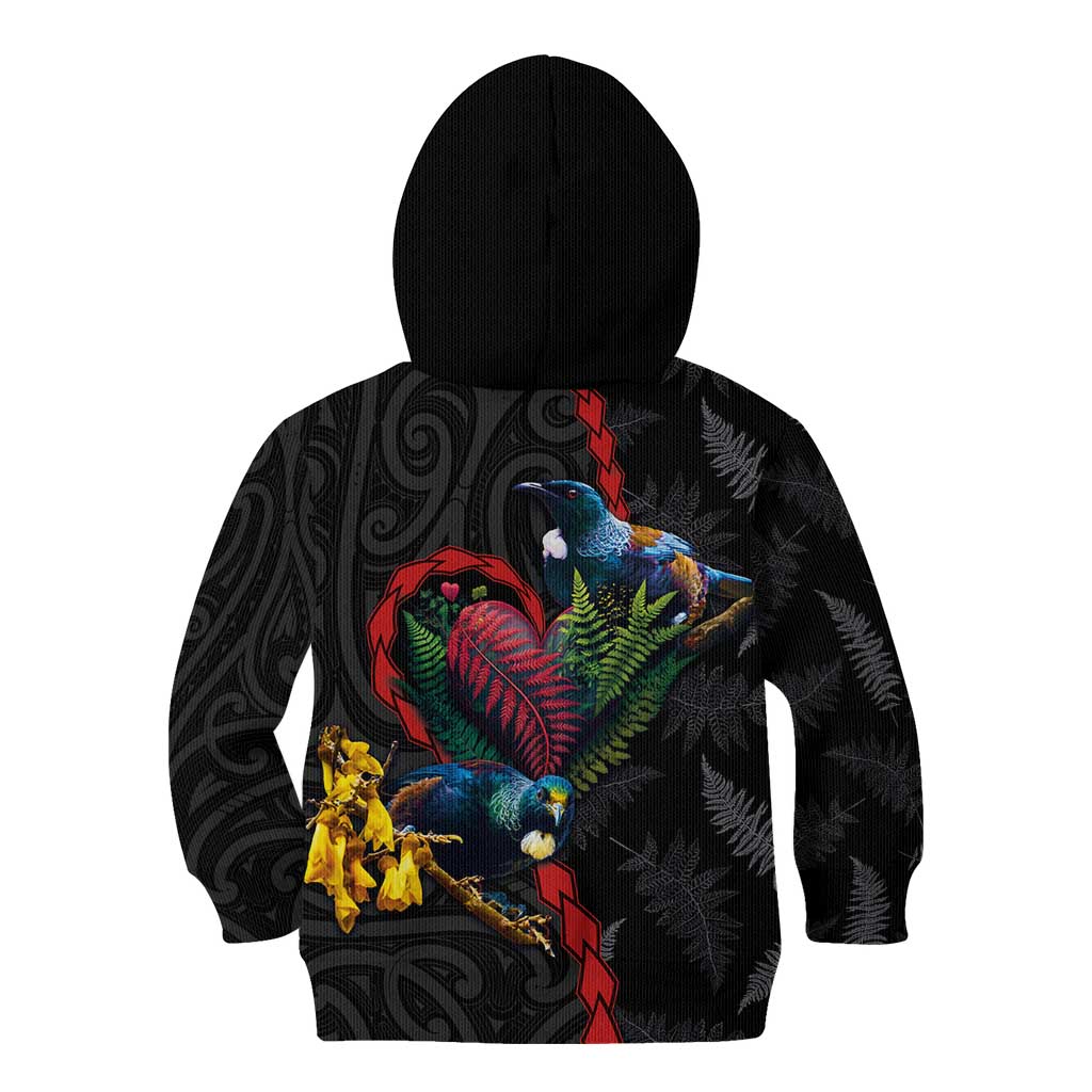 New Zealand Tui Birds Love Couple Kid Hoodie The Heart of Silver Fern Leaves and Maori Tattoo Pattern LT03 - Polynesian Pride