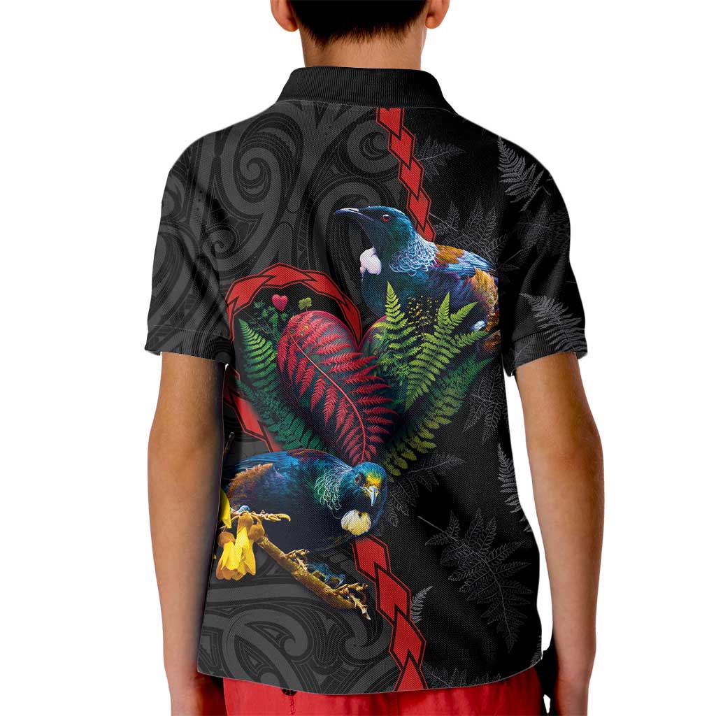 New Zealand Tui Birds Love Couple Kid Polo Shirt The Heart of Silver Fern Leaves and Maori Tattoo Pattern LT03 - Polynesian Pride