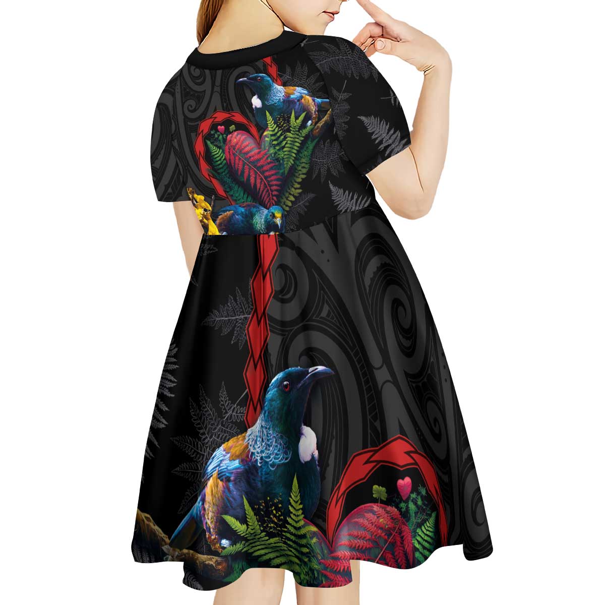 New Zealand Tui Birds Love Couple Kid Short Sleeve Dress The Heart of Silver Fern Leaves and Maori Tattoo Pattern LT03 - Polynesian Pride