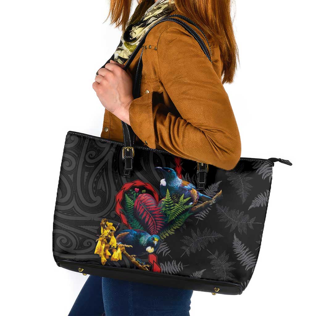 New Zealand Tui Birds Love Couple Leather Tote Bag The Heart of Silver Fern Leaves and Maori Tattoo Pattern LT03 Black - Polynesian Pride
