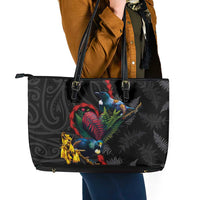 New Zealand Tui Birds Love Couple Leather Tote Bag The Heart of Silver Fern Leaves and Maori Tattoo Pattern LT03 - Polynesian Pride