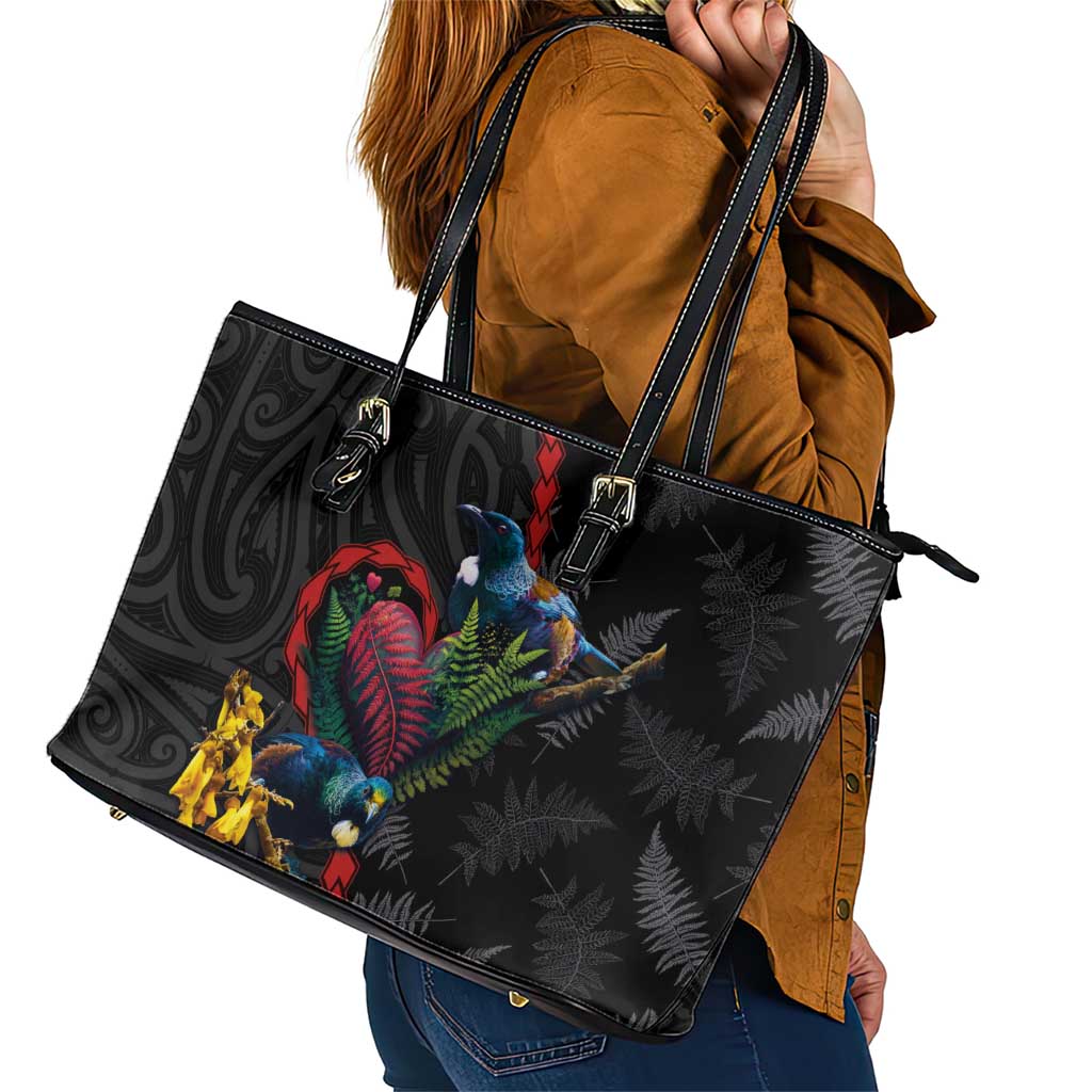 New Zealand Tui Birds Love Couple Leather Tote Bag The Heart of Silver Fern Leaves and Maori Tattoo Pattern LT03 - Polynesian Pride