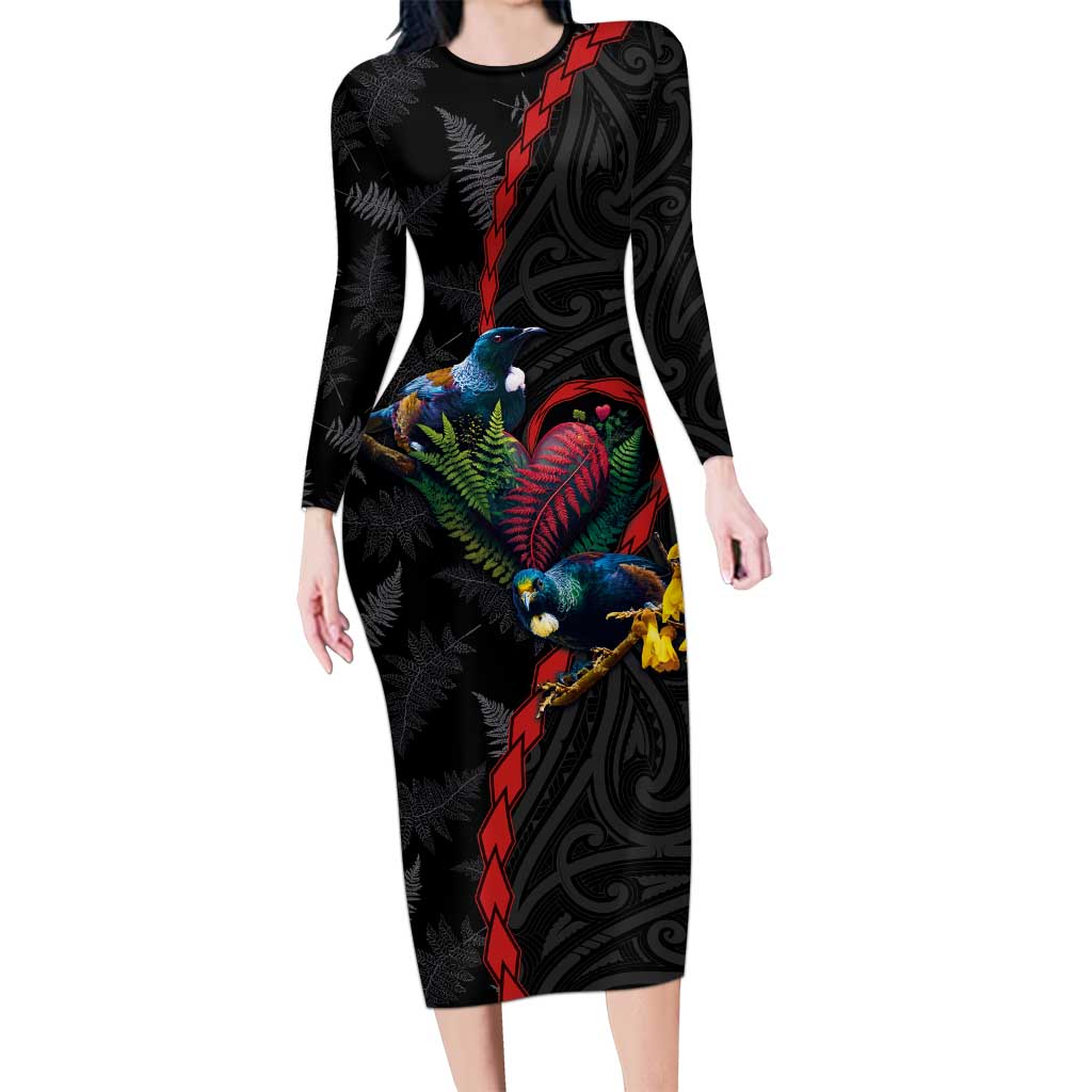 New Zealand Tui Birds Love Couple Long Sleeve Bodycon Dress The Heart of Silver Fern Leaves and Maori Tattoo Pattern LT03 Long Dress Black - Polynesian Pride
