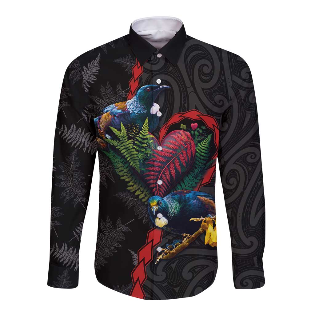 New Zealand Tui Birds Love Couple Long Sleeve Button Shirt The Heart of Silver Fern Leaves and Maori Tattoo Pattern