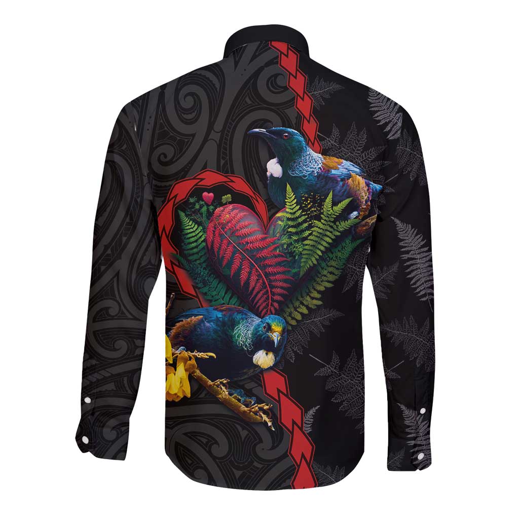New Zealand Tui Birds Love Couple Long Sleeve Button Shirt The Heart of Silver Fern Leaves and Maori Tattoo Pattern LT03 - Polynesian Pride