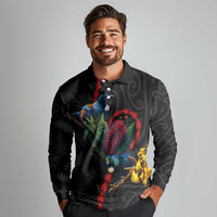 New Zealand Tui Birds Love Couple Long Sleeve Polo Shirt The Heart of Silver Fern Leaves and Maori Tattoo Pattern LT03 - Polynesian Pride