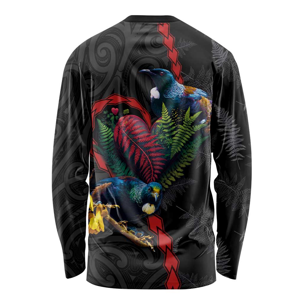 New Zealand Tui Birds Love Couple Long Sleeve Shirt The Heart of Silver Fern Leaves and Maori Tattoo Pattern LT03 - Polynesian Pride